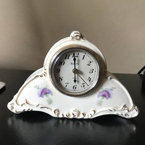Vintage Bulova Porcelain Mantle/Desk Clock, Off White,  Gold, Purple Flowers